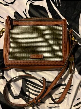 Fossil Brown Leather Crossbody with Cream Woven Front